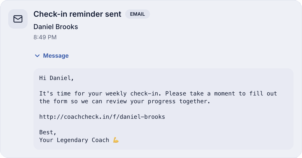 CheckinHQ automated check-ins view showing scheduled reminders and client delivery channels