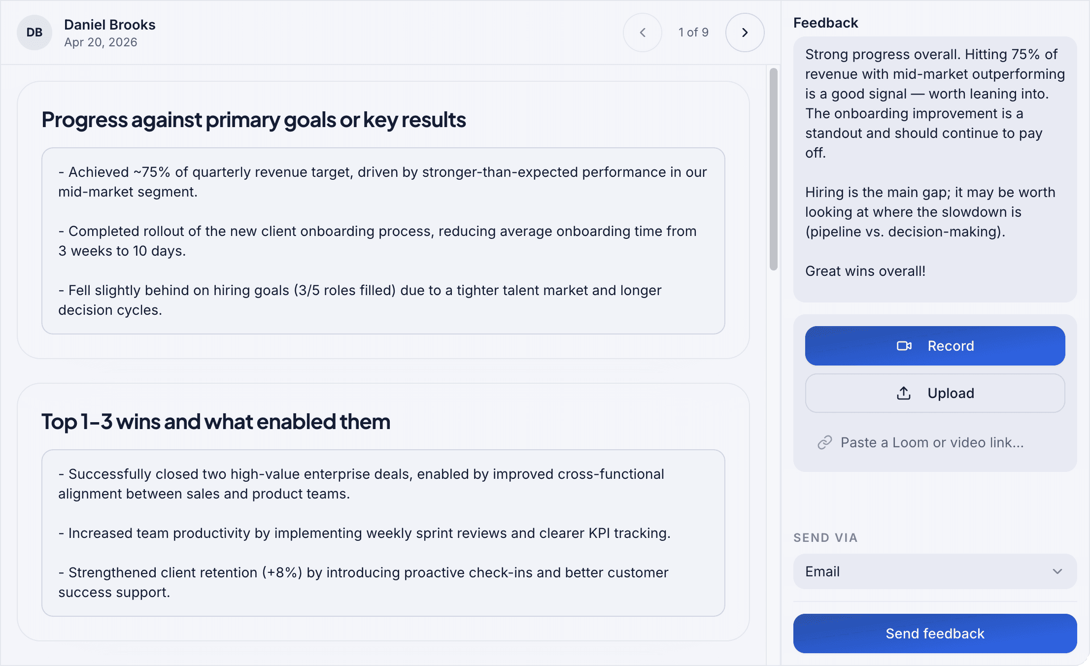 CheckinHQ client response workspace showing submitted check-ins and personalized feedback workflow